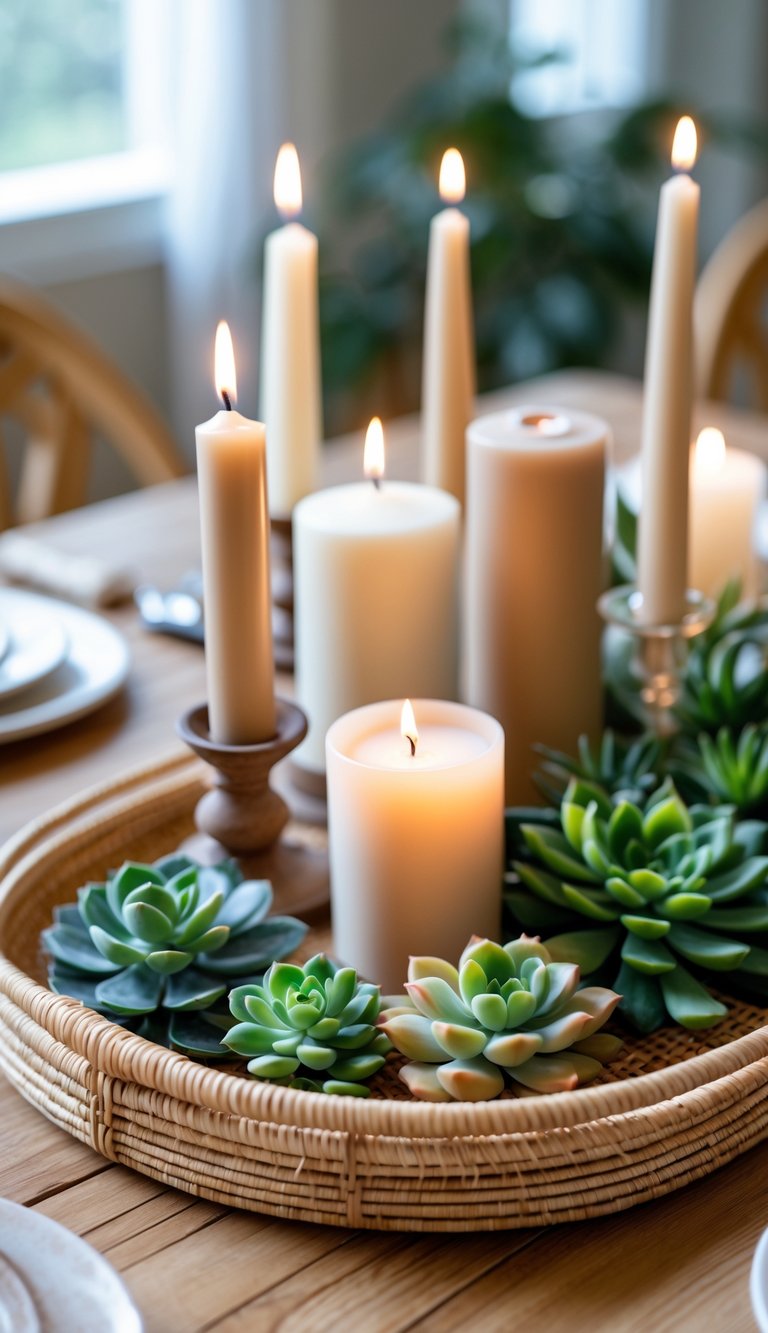 Woven rattan tray on a wooden dining table holding candles and small green succulents arranged as a centerpiece.